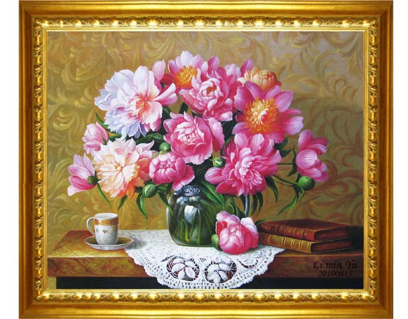 写实纯手绘油画-古典牡丹花卉